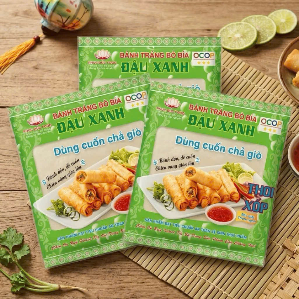 Bánh Tráng Bò Bía Đậu Xanh Phúc Đức Food 70g 20 Lá 15.5cm OCOP 3 Sao