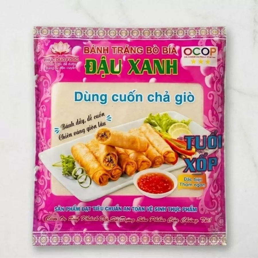 Bánh Tráng Bò Bía Đậu Xanh Phúc Đức Food 80g 25 Lá 15.5cm OCOP 3 Sao