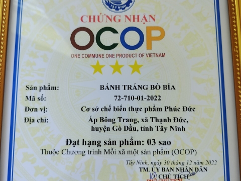 GIẤY CHỨNG NHẬN OCOP 3 SAO